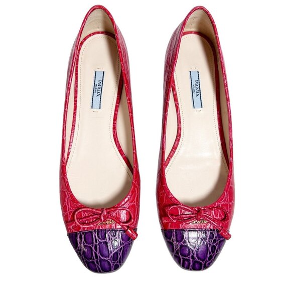 PRADA St. Cocco Bicolo Croc Embossed Leather Bow Flats in Red/Purple - EU Sz 40 - Picture 1 of 9